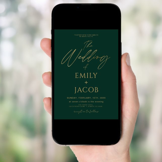 Emerald Green Gold Wedding QR Code Photo Script Invitation (Front Digital)