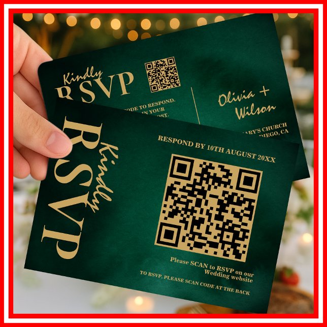 Emerald Green & Gold Wedding QR Code RSVP Card (Creator Uploaded)