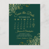 Emerald Green Gold Wedding Save the Date Calendar Announcement Postcard (Front)