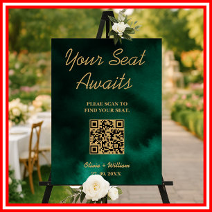Emerald Green & Gold Wedding Seating Chart QR Sign