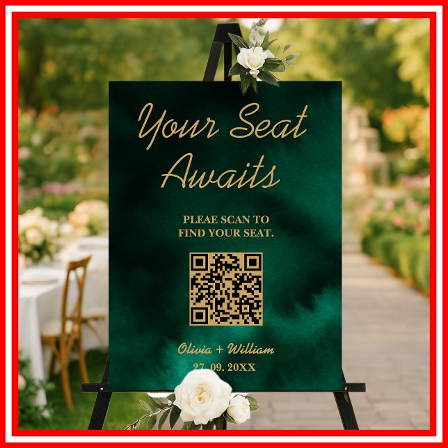 Emerald Green & Gold Wedding Seating Chart QR Sign (Creator Uploaded)
