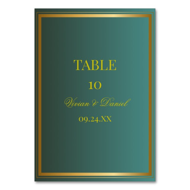 Emerald Green & Gold Wedding Table Number Card (Front)
