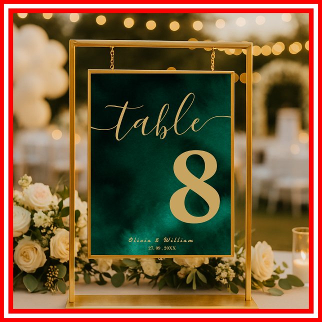 Emerald Green & Gold Wedding Table Number Poster (Creator Uploaded)