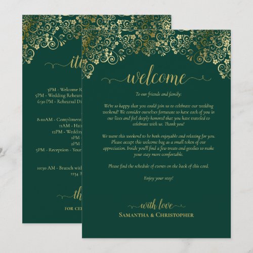 Emerald Green & Gold Wedding Welcome & Itinerary Program