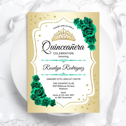 Emerald Green Gold White Elegant Quinceanera Invitation