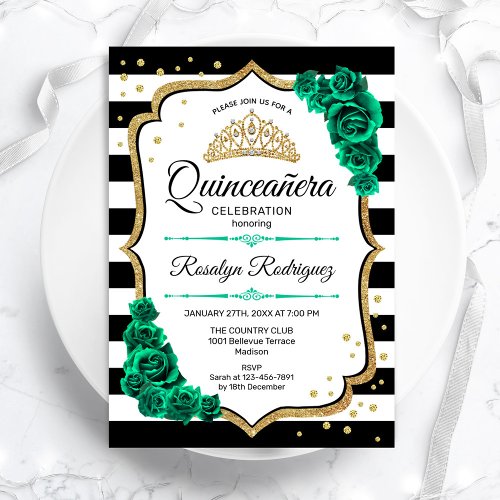 Emerald Green Gold White Quinceanera Invitation