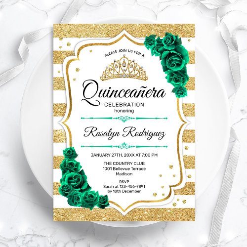 Emerald Green Gold White Stripes Quinceanera Invitation