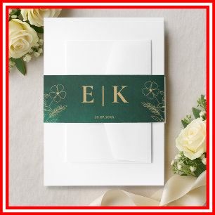 Emerald Green & Gold Wildflowers Monogram Wedding Invitation Belly Band