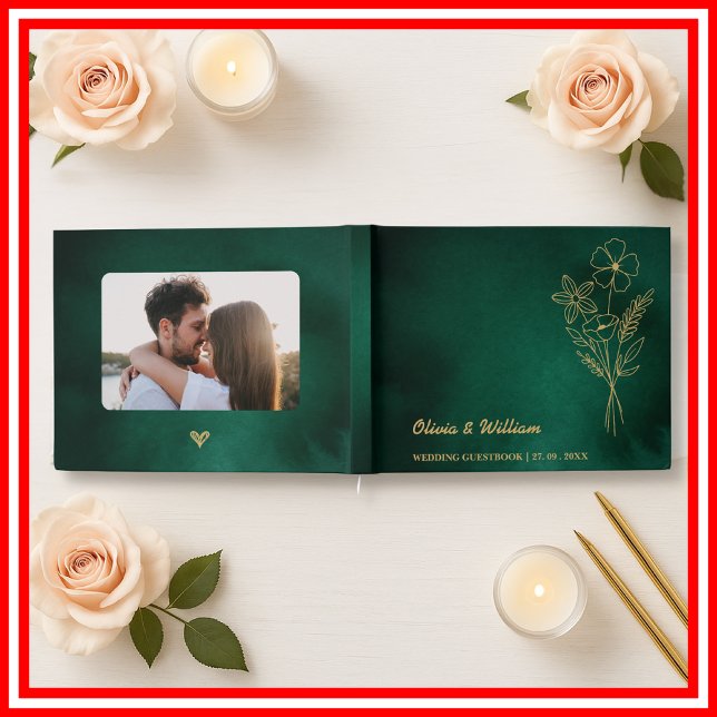 Emerald Green & Gold Wildflowers Wedding Guest Book (Creator Uploaded)
