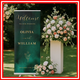 Emerald Green & Gold Wildflowers Wedding Welcome Retractable Banner