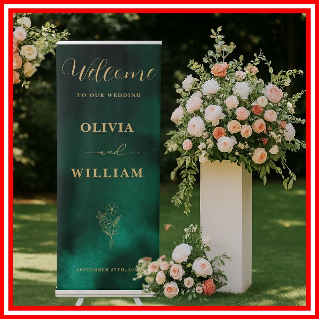 Emerald Green & Gold Wildflowers Wedding Welcome Retractable Banner (Creator Uploaded)