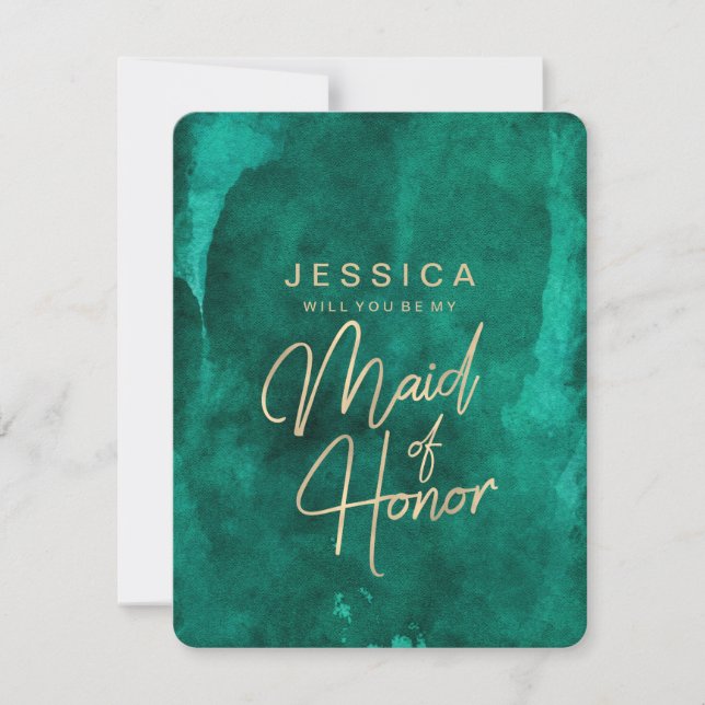 Emerald Green & Gold Will You Be My Maid of Honor Invitation (Front)