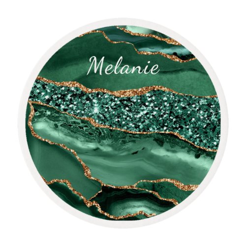 Emerald Green Gold Your Name Edible Frosting Round