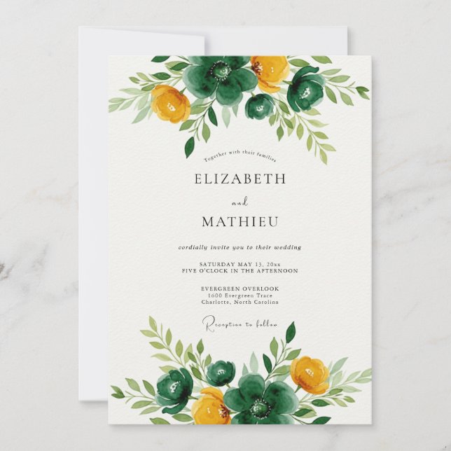 Emerald Green Golden Botanical Wedding Invitation (Front)