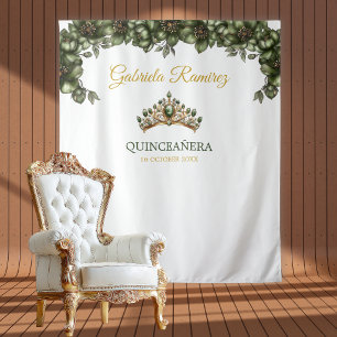 Emerald Green Golden Floral Quinceañera Backdrop