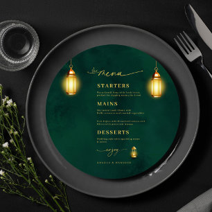 Emerald Green Golden Light Round Wedding Menu Card