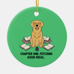 Emerald Green Golden Retriever Book Lover Writer's Ceramic Ornament