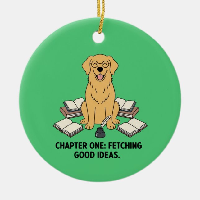 Emerald Green Golden Retriever Book Lover Writer's Ceramic Ornament (Front)