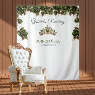 Emerald Green Golden Roses Quinceañera Backdrop