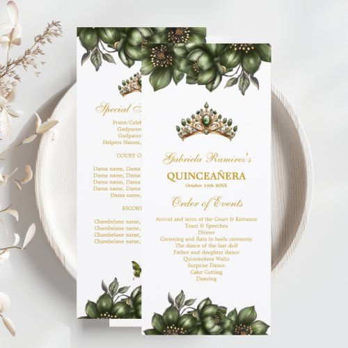 Emerald Green Golden Tiara Floral Quinceañera