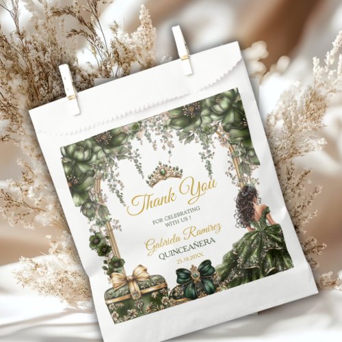 Emerald Green Golden Tiara Floral Quinceañera Favor Bag