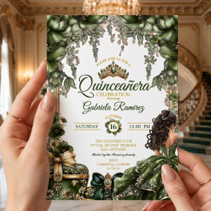Emerald Green Golden Tiara Floral  Quinceañera Invitation