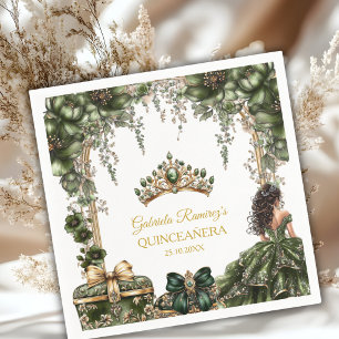 Emerald Green Golden Tiara Floral Quinceañera Napkins