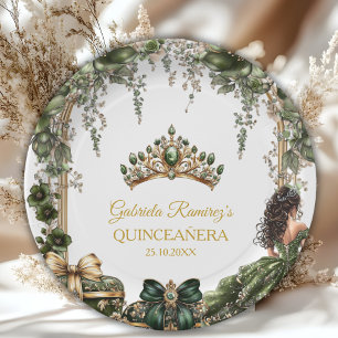 Emerald Green Golden Tiara Floral Quinceañera Paper Plates