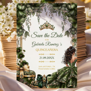 Emerald Green Golden Tiara Floral Quinceañera Save The Date