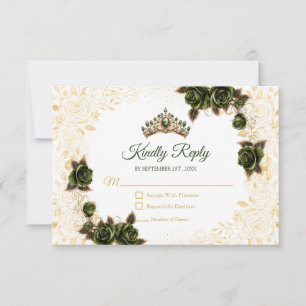 Emerald Green Golden Tiara Floral Rose Quinceañera RSVP Card