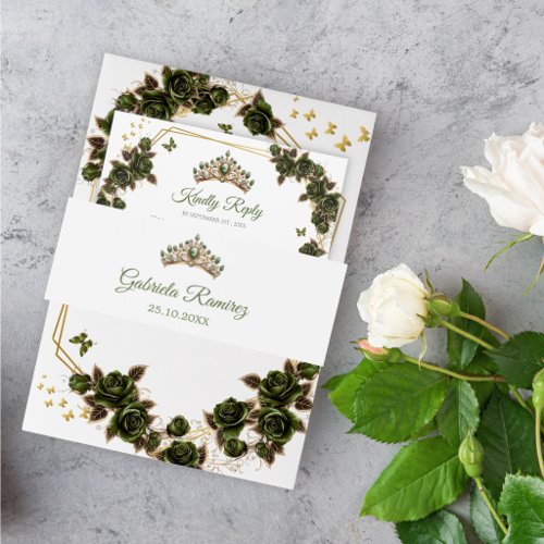 Emerald Green Golden Tiara Quinceañera Invitation Belly Band