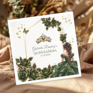 Emerald Green Golden Tiara Roses Quinceañera Napkins