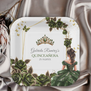 Emerald Green Golden Tiara Roses Quinceañera Paper Plates