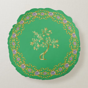 Emerald Green Golden Tree Mandala Decorative Round Pillow