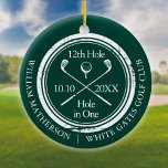 Emerald Green Golf Hole in One Retro Personalized Ceramic Ornament<br><div class="desc">Featuring an aged stamp effect classic retro design. Personalize the name,  location hole number and date to create a great golf keepsake to celebrate that fantastic hole in one. Designed by Thisisnotme©</div>