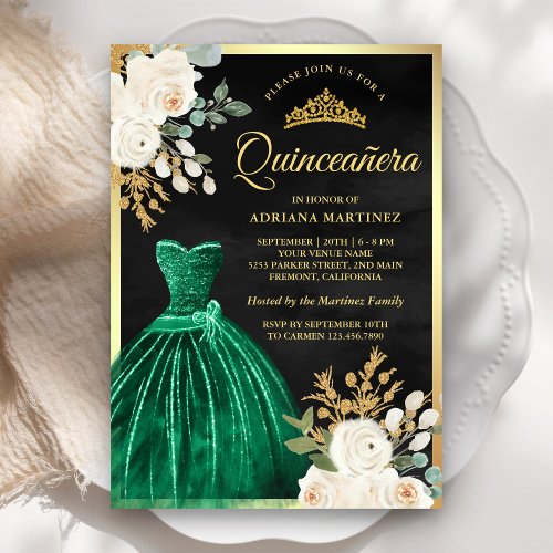 Emerald Green Gown Floral Black Gold Quinceanera Invitation