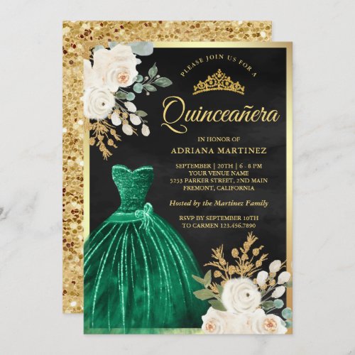 Emerald Green Gown Floral Black Gold Quinceanera Invitation