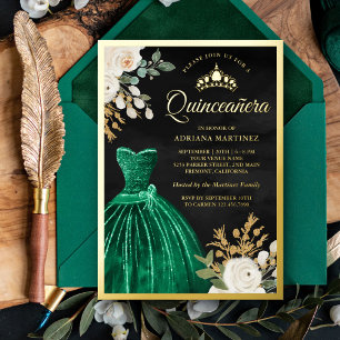 Emerald Green Gown Floral Black Quinceanera Gold Foil Invitation