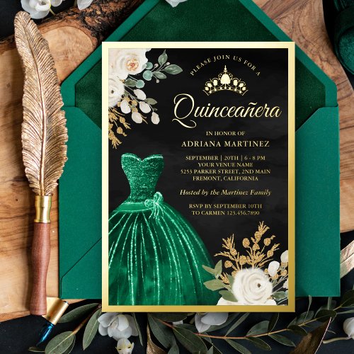 Emerald Green Gown Floral Black Quinceanera Gold Foil Invitation