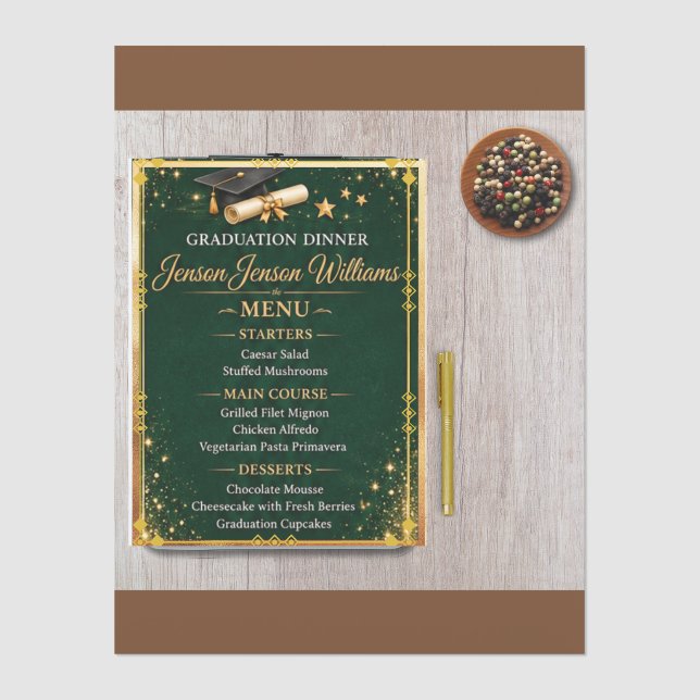 Emerald Green Graduation Celebration Menu Card (Front)
