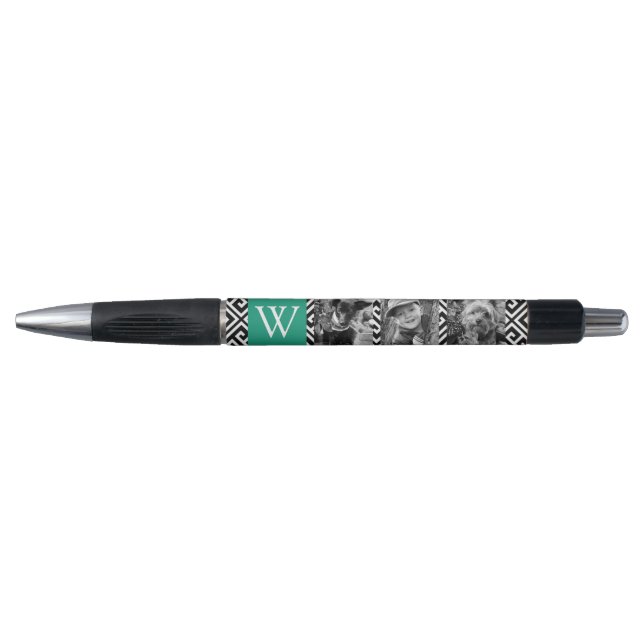 Emerald Green Greek Key and Monogram Photo Collage Pen (Front)