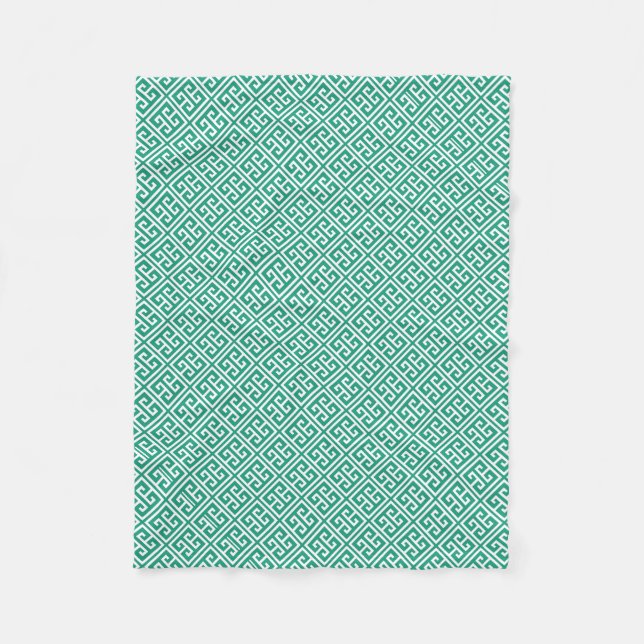 Emerald Green Greek Key Pattern Fleece Blanket (Front)