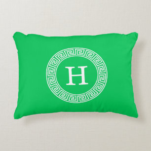 Emerald Green Greek Key Rnd Frame Initial Monogram Accent Pillow