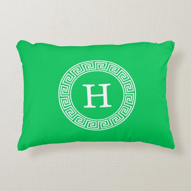 Emerald Green Greek Key Rnd Frame Initial Monogram Accent Pillow (Front)