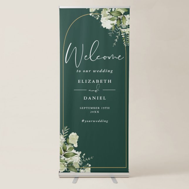 Emerald Green Greenery Gold Arch Wedding Welcome Retractable Banner (Front)