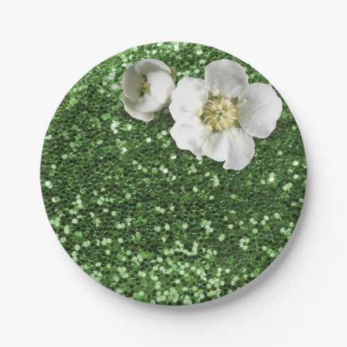 Emerald Green Greenery White Jasmine Glitter Paper Plates