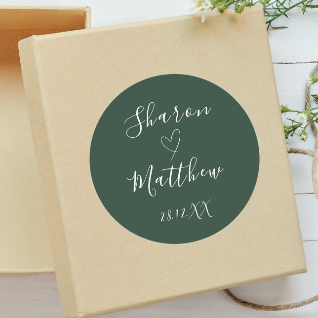Emerald Green Handwritten Script Wedding Favor Classic Round Sticker (Creator Uploaded)
