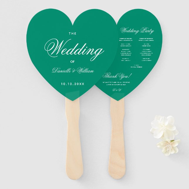 Emerald Green Heart Elegant Script Wedding Program Hand Fan (Front and Back)