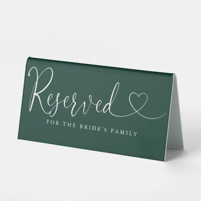 Emerald Green Heart Script Wedding Reserved Table Tent (Front)