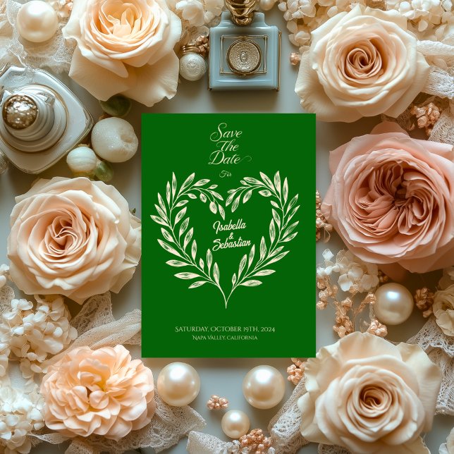 Emerald Green Heart Wreath Save the Date Wedding Invitation (Creator Uploaded)